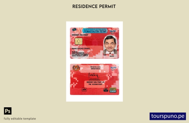 Plantilla de tarjeta de residente permanente de Malasia lista para imprimir